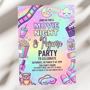 May include: A colorful invitation for a movie night and pajama party. The design features illustrations of popcorn, a drink, a film strip, a clapperboard, and other related items. The text reads "Join us for a Movie Night & Pajama Party to Celebrate".