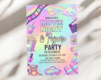 Invitación para noche de cine y fiesta de pijamas, invitación para pijamada infantil, cumpleaños con temática de cine en tonos pastel, A1296