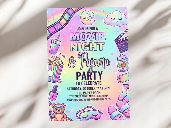 Movie Night & Pajama Party Invitation, Kids Sleepover Invite, Pastel Cinema Birthday, A1296