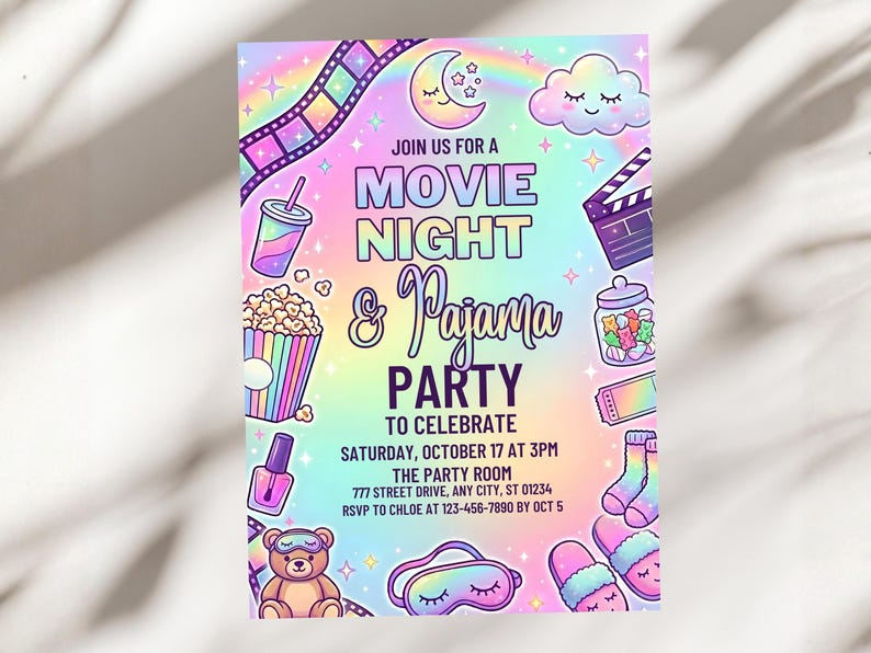 May include: A colorful invitation for a movie night and pajama party. The design features illustrations of popcorn, a drink, a film strip, a clapperboard, and other related items. The text reads "Join us for a Movie Night & Pajama Party to Celebrate".