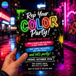 May include: A rectangular party invitation flyer with a black background featuring neon-colored text that reads Rep Your COLOR Party! Choose your color, Make a basket with food items of your chosen color, Wear clothes representing your color choice, and let's party! Friday, October 17th, 789 Street Drive, Any City, ST 01234, RSVP to Chloe at 987-654-3210.
