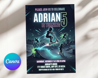 Scooter Birthday Invitation, Skate Park Party Invite, Skateboard Birthday, Boys Action Party, Canva Template A1084