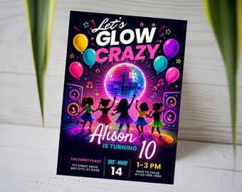 Let's Glow Crazy Birthday Invitation, Neon Disco 10th Birthday Invite, Kids Dance Party Card, Glow in the Dark, Canva Template A1753