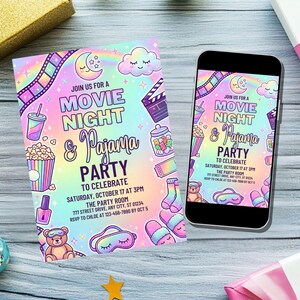 May include: A Movie Night & Pajama Party invitation with a colorful design. The invitation includes text, a popcorn bucket, a drink, and other party-themed graphics. A smartphone displays the same invitation.