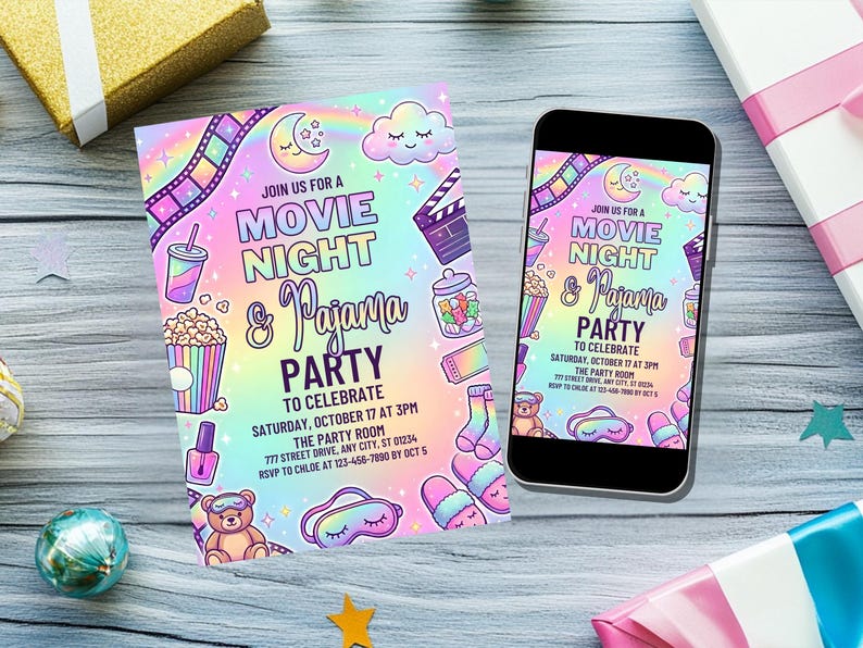 May include: A Movie Night & Pajama Party invitation with a colorful design. The invitation includes text, a popcorn bucket, a drink, and other party-themed graphics. A smartphone displays the same invitation.