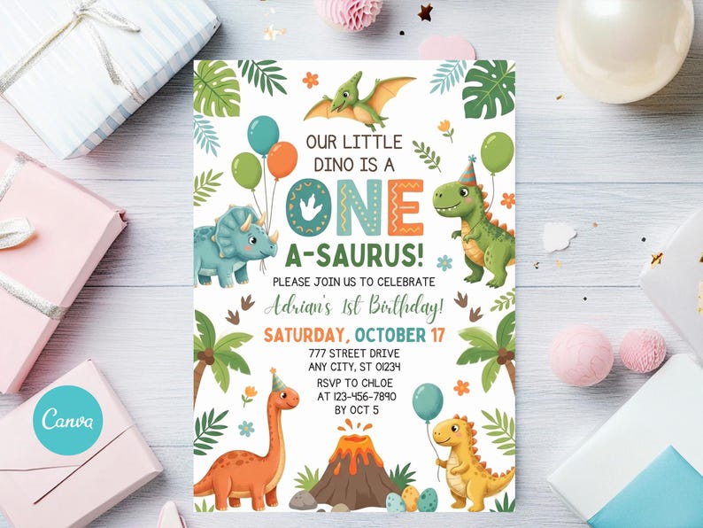 Rectangle Saurus Boys Dinosaur 1st Birthday Invitation, One A Saurus Party Invite, Cute ...