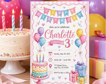 Cute Birthday Cake Invitation, Pastel Bunting Gifts Template, Charlotte 3rd Birthday Pink Ribbon Balloon, Canva Download C334