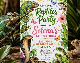 Invitación de cumpleaños con reptiles en acuarela, plantilla de invitación con temática de serpientes y lagartos de la selva para niñas, cumpleaños de niños de 6 años, Canva C087