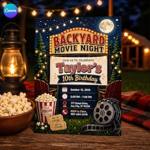 Backyard Movie Night Invitation, Outdoor Cinema Theme Invite Template, Taylor 10th Birthday Popcorn Film Bash, Canva Download C233