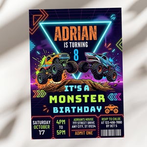 May include: A colourful birthday invitation with a neon design. The invitation features two monster trucks, one orange and one blue, jumping over a dirt mound. Text includes "ADRIAN IS TURNING 8" and "IT'S A MONSTER BIRTHDAY".