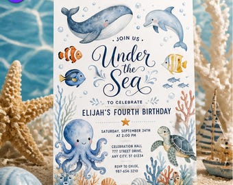 Under the Sea 4th Birthday Invitation, Cute Ocean Animals Template, Elijah Fourth Birthday Watercolor Whale Dolphin, Canva Download C285