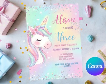 Invitación mágica de cumpleaños de unicornio, invitación a fiesta de arcoíris pastel, celebración de unicornio para niñas, cumpleaños pastel adorable, plantilla de Canva A1018