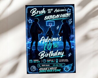 Bruh You In Basketball Invitation, Glow Court 10th Birthday Invite, Kids Neon Hoop Party Card, Teen Tournament Game, Canva Template A1767