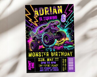 Monster Truck Dinosaur Birthday Invitation, Glow Dino 8th Birthday Invite, Kids Neon Monster Jam Card, Teen Rally, Canva Template A1768