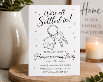 Invitación minimalista para fiesta de inauguración de casa, plantilla sencilla en blanco y negro para invitación a la nueva casa, descarga en Canva C086