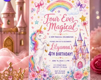 Four Ever Magical Birthday Invitation, Unicorn Princess Castle Template, Lilyanna 4th Birthday Pink Pastel Sky, Canva Download C310