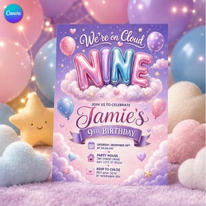 May include: A rectangular birthday invitation card featuring a purple and pink gradient background with clouds, stars, and balloons. The text reads We're on Cloud NINE, Jamie's 9th Birthday, Saturday, November 18th at 09:00 AM, Party House, 789 Street Drive, Any City, ST 01234, and RSVP to Chloe 987-654-3210 by November 5th.