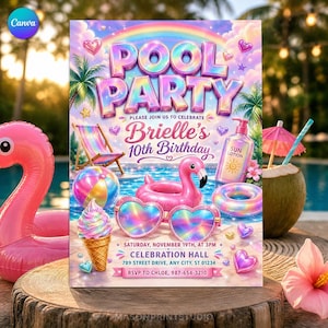 Pool Party Birthday Invitation, Tropical Pastel Summer Swim Bash, Holographic Rainbow 10th Birthday Flamingo, Canva Download C399