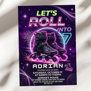 Puede incluir: Una invitación púrpura con el texto "LET'S ROLL INTO 7" en verde neón y plata. La invitación presenta un par de patines negros con ruedas verdes. La invitación es para la fiesta de cumpleaños de Adrian el 17 de octubre.