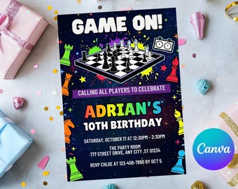 Invitación de cumpleaños de ajedrez, invitación a fiesta de juegos, cumpleaños con temática de juegos de mesa, fiesta de ajedrez colorida, noche de juegos para niños, plantilla Canva A1017