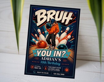 Bruh You In Bowling Birthday Invitation, Retro Bowling 10th Birthday Invite, Kids Strike Alley Party Card, Teen Gamer, Canva Template A1750
