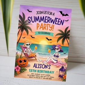 Summerween 13.Geburtstagseinladung, Sommer-Halloween-Geburtstagseinladung, Strand-Skelett-Partykarte, Tropischer Kürbis, Canva-Vorlage A1736