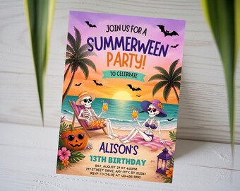 Summerween 13th Birthday Invitation, Summer Halloween Birthday Invite, Beach Skeleton Party Card, Tropical Pumpkin, Canva Template A1736