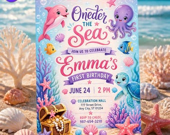 Oneder the Sea 1st Birthday Invitation, Cute Pink Dolphin Template, Emma First Birthday Mermaid Treasure Bash, Canva Download C274