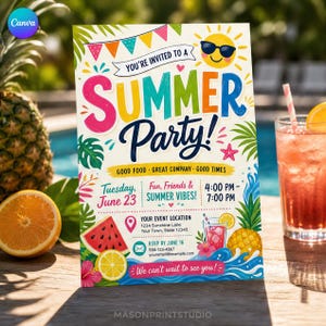 Summer Party Invitation, Tropical Beach Splash Template, Bright BBQ Backyard Cookout Luau, Canva Download C387