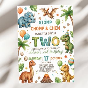 May include: A birthday invitation card featuring colorful illustrations of dinosaurs, palm trees, balloons, and a volcano. The text reads STOMP CHOMP & CHEW OUR LITTLE DINO IS TWO PLEASE JOIN US TO CELEBRATE Adrian's 2nd Birthday SATURDAY 17 OCTOBER AT 5:00PM.