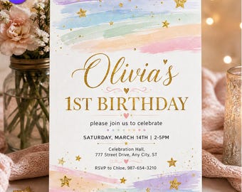 Evelyn 1st Birthday Invitation, Gold Glitter Number One Template, Pastel Watercolor Floral Balloon Bash, Canva Download C341