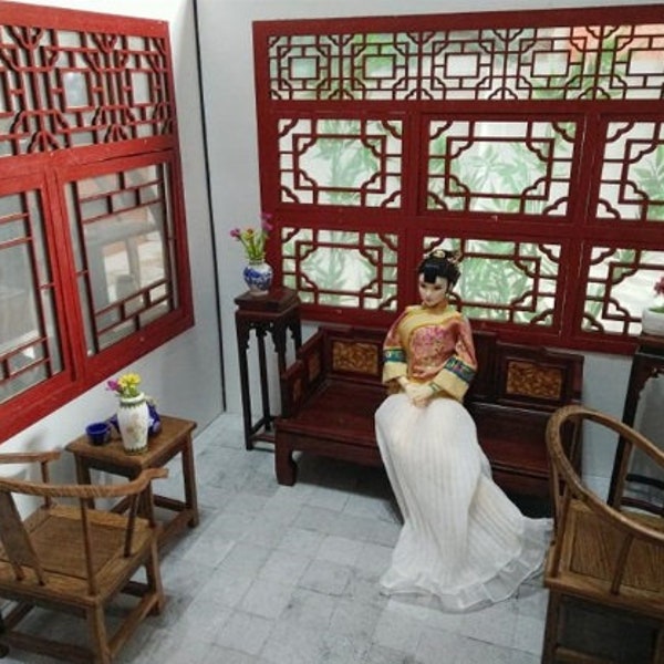 2 chambres de poupée chinoises à l'échelle 1/6 uniquement/oeuvres d'art/décoration/chambre de poupée, pièce avec fenêtre ouverte, sol/garantie authentique