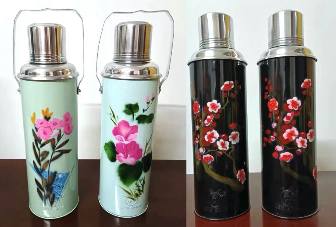 Vintage Small Thermos sun Flower Made in China, Metal Tin Travel Thermos  Cold and Hot Drinks, Mini Coffee Tea Thermos, Camping Equipment 