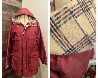 1980s Vintage Lands' End Flannel Lined Parka | Medium | Maroon | Beige Flannel Interior | Made in USA