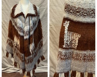 1970s Handmade Alpaca Poncho | Eyelash Yarn Fringe Knit Shawl Collar | Bohemian Western Folk Textile Artisan Knitwear