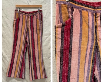 Vintage 70s High Waisted Polyester Striped Trousers; Wide Leg