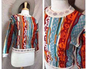 1980s/1990s Coogi Australia Authentic Colorful 3D Crazy V Neck