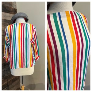 1980s Vintage Rainbow Striped Top | 3/4 Sleeve Fun Bright Summer Blouse | PRIDE Vibes Shirt | Size Medium
