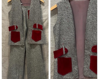 Vintage 1970s Handmade Tweed and Velvet Two-Piece Set | Red Velvet Trim Vest & High Waist Pants | Folk Tailored Confetti Tweed Suit | XS
