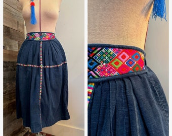 1970's Vintage Soft Denim Boho Embroidered Applique Skirt I Small I Pockets