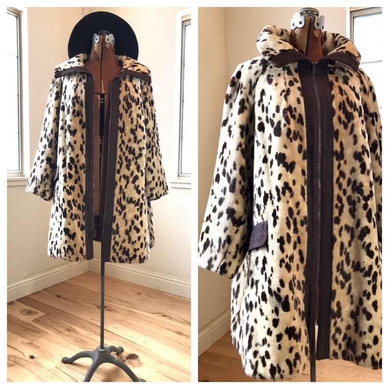 1960 S Spotted Faux Fur Coat Vegan No Leather Oversized Collar Brown Beige Cream Vintage Leopard Cheetah Print Jacket Fits Med Lrg