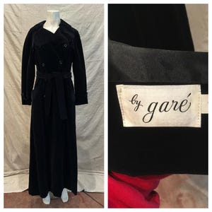 1980s Velvet Coat by Gare | Double Breasted Black Velvet Trench | Dramatic Full Length Coat | Vintage Luxe Outerwear | Tall Medium