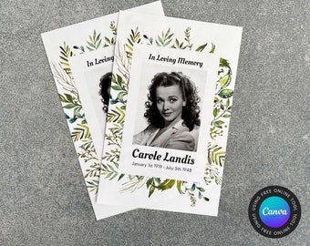 Single Panel Funeral Program Template - Canva - Leafy Green Nature Floral Funeral Program | Bookmark | Prayer Cards | Order of Service