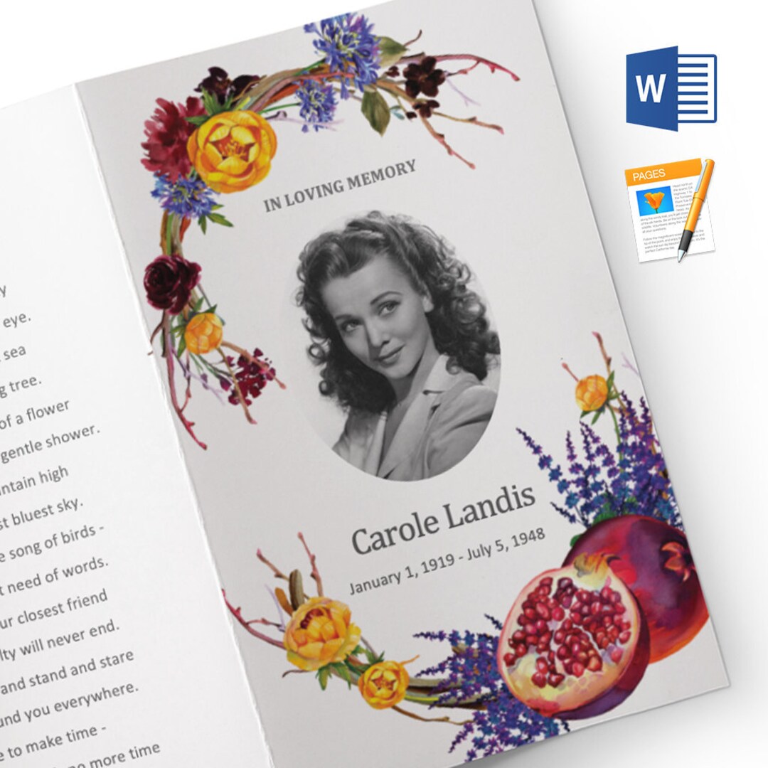 Funeral Program Template Printable Editable Microsoft Word Pomegranate ...