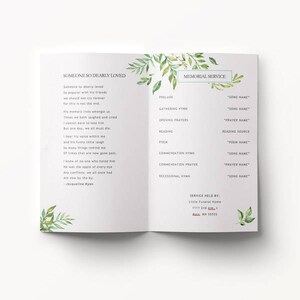 Funeral Program Template Printable Editable Microsoft Word Watercolor green leafy vines Bi-Fold Funeral Order of Service image 3