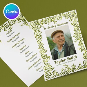 Plantilla de programa funerario editable de una sola hoja / Diseño de borde de hojas verdes / Celebración de la vida personalizable / Memorial de Canva imprimible