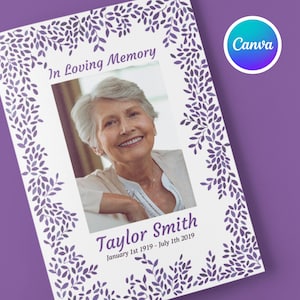 Soft Purple Bi-Fold Funeral Program Template | Lavender Border Design | Editable Celebration of Life | Printable Canva Memorial Obituary