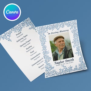 Blue Single Sheet Funeral Program Template | Blue Border Design | Editable Celebration of Life | Printable Canva Memorial Obituary