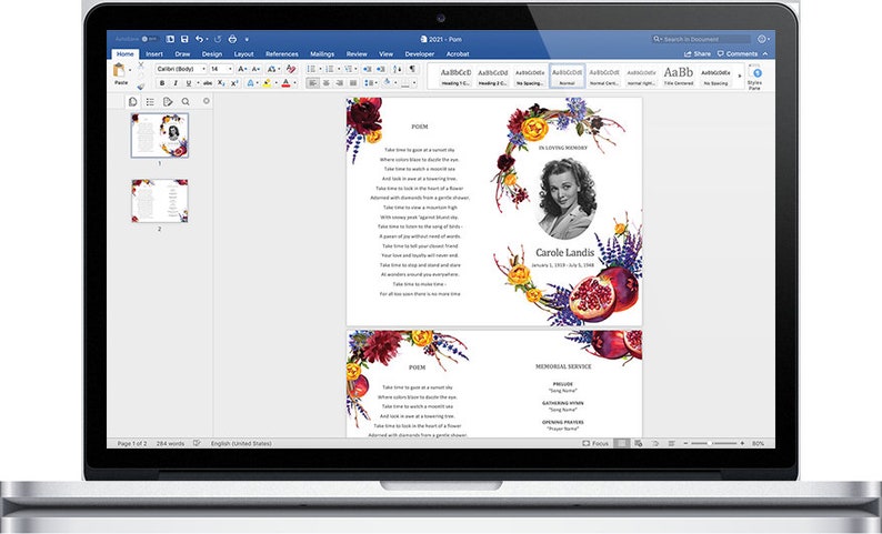 Funeral Program Template Printable Editable Microsoft Word Etsy