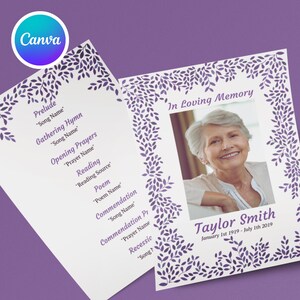 Purple Single Sheet Funeral Program Template | Lavender Border Design | Editable Celebration of Life | Printable Canva Memorial Obituary